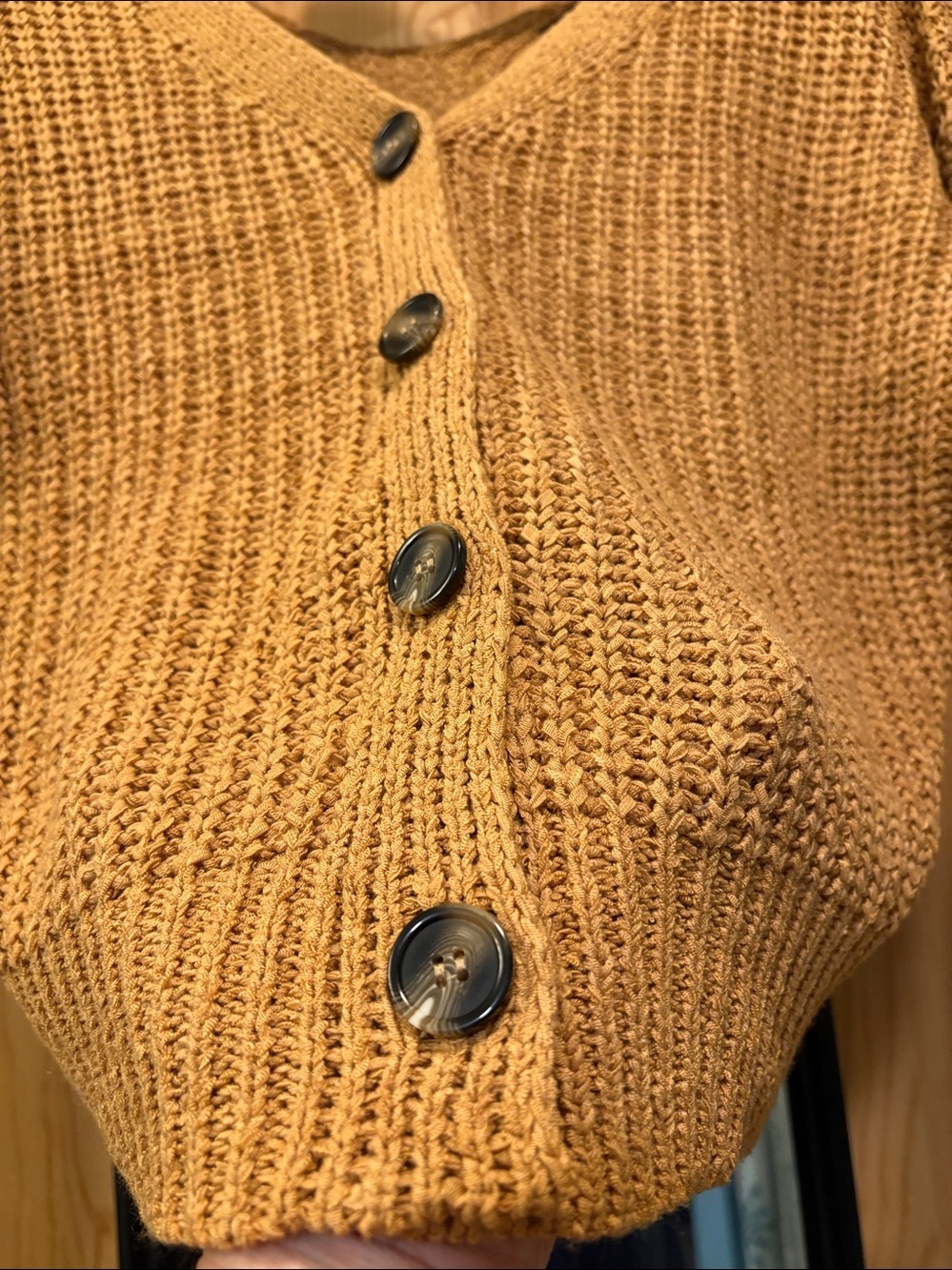 Boho Mustard Cropped Crochet Button up Cardigan Sz M - Picture 4 of 5